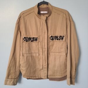 Mango Size XS Tan Beaded Linen Utility Jacket